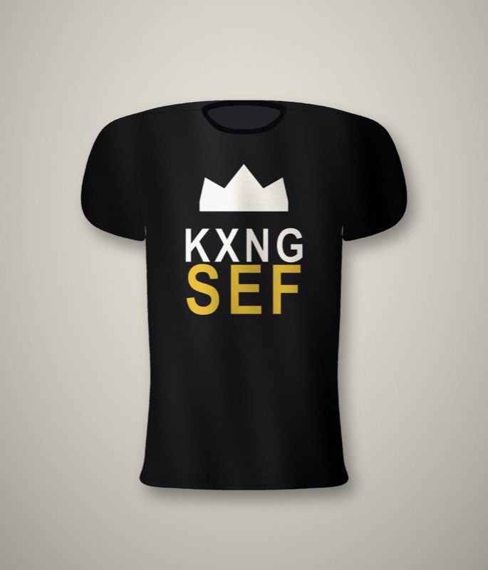 Black unisex tee with the KXNG SEF wordmark in bone under a gold three-point crown, printed on the chest