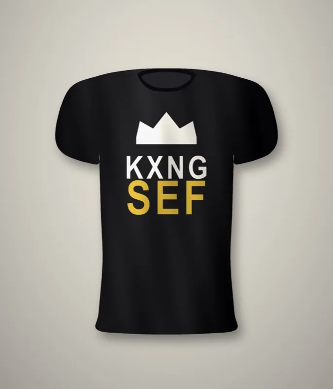 Black unisex tee with the KXNG SEF wordmark in bone under a gold three-point crown, printed on the chest