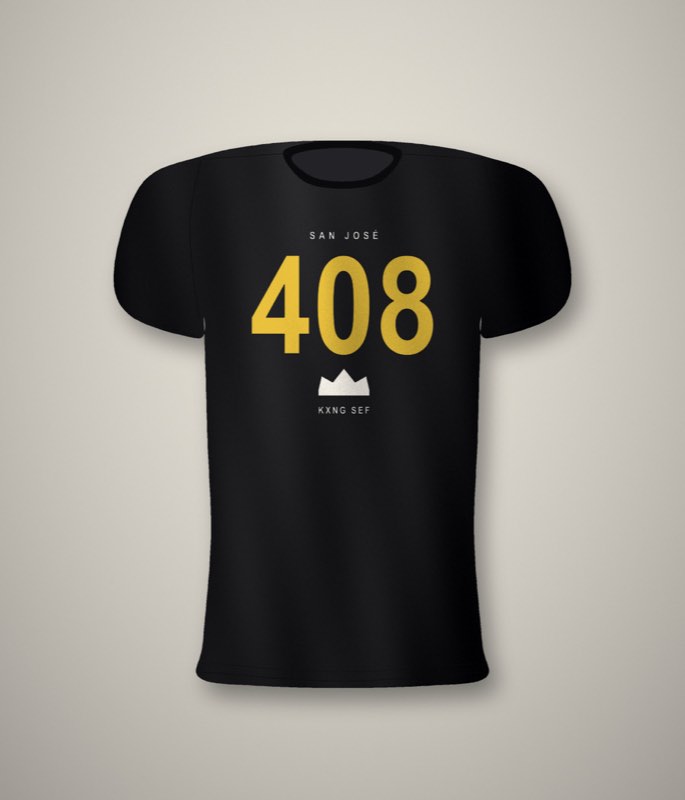 Black unisex tee with SAN JOSE lettered above a giant gold 408 and a small crown below
