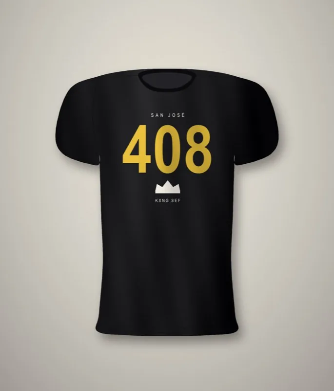 Black unisex tee with SAN JOSE lettered above a giant gold 408 and a small crown below