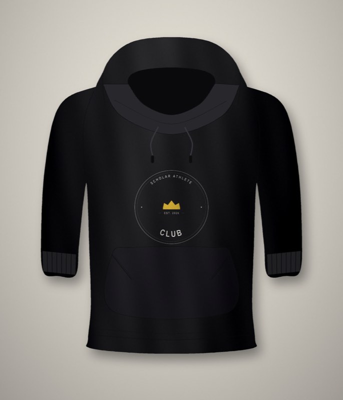 Black unisex hoodie with a varsity crest: arched Scholar Athlete Club text, a center gold crown, and Est. 2026 below