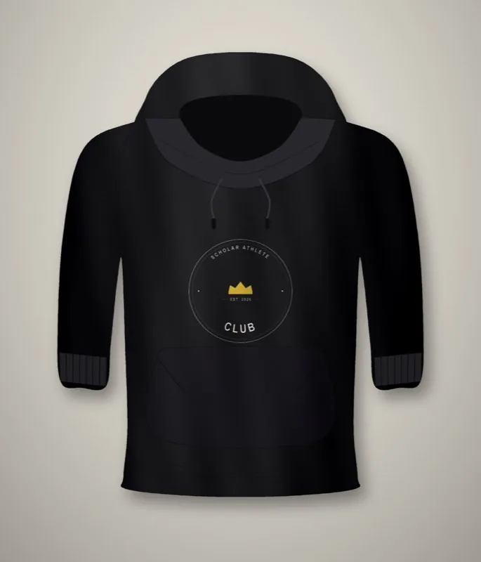 Black unisex hoodie with a varsity crest: arched Scholar Athlete Club text, a center gold crown, and Est. 2026 below