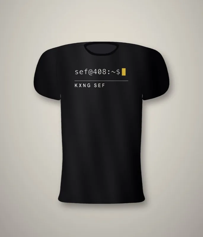 KXNG SEF Shell Tag — left chest print, black tee