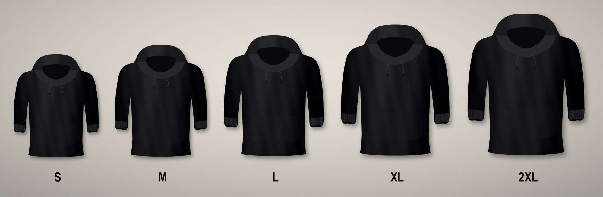 Five black unisex hoodies shown side by side at sizes S, M, L, XL and 2XL, illustrating the relative fit of each size