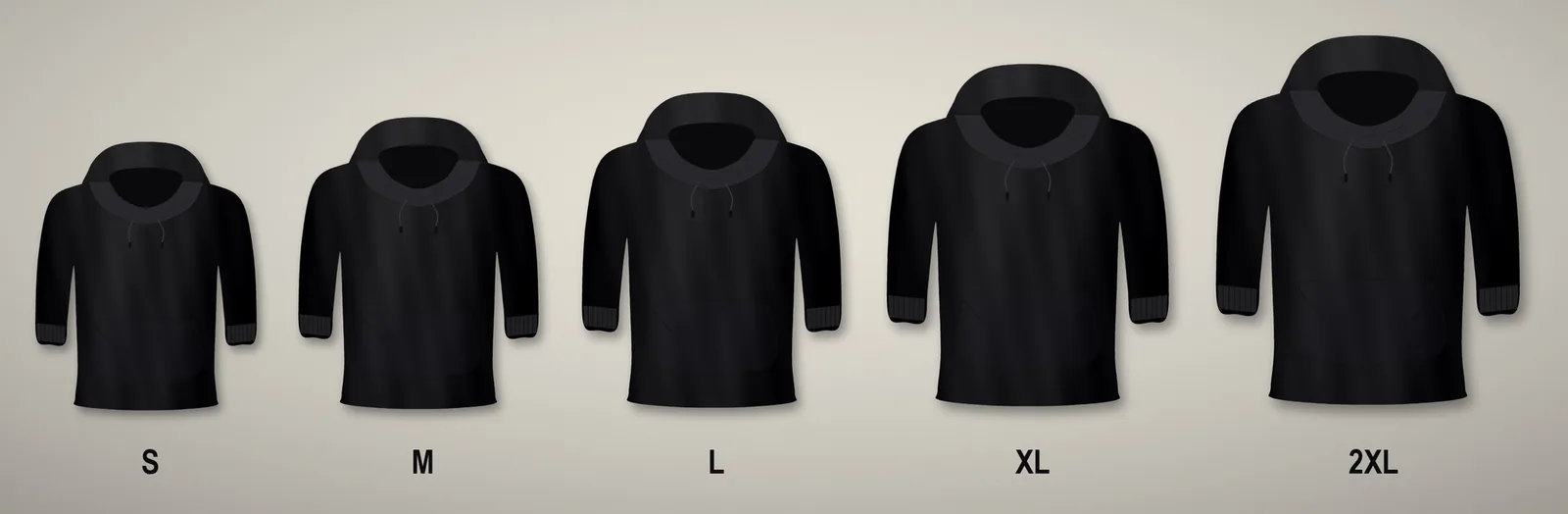 Five black unisex hoodies shown side by side at sizes S, M, L, XL and 2XL, illustrating the relative fit of each size