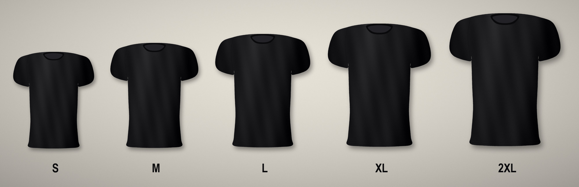 Five black unisex tees shown side by side at sizes S, M, L, XL and 2XL, illustrating the relative fit of each size