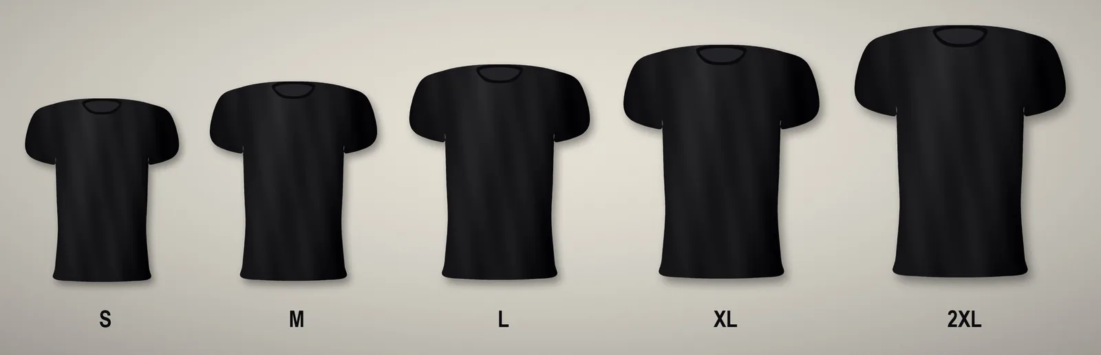 Five black unisex tees shown side by side at sizes S, M, L, XL and 2XL, illustrating the relative fit of each size