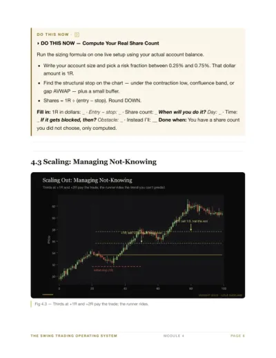 Swing Trading Operating System, Module 4 page 8: a fillable Do This Now action page above a scaling-out chart taking thirds at plus 1R and plus 2R