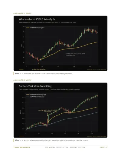 Visual Chart Atlas page 10: two anchored-VWAP plates showing AVWAP from a swing low and AVWAP anchored from an earnings gap versus the year-to-date open