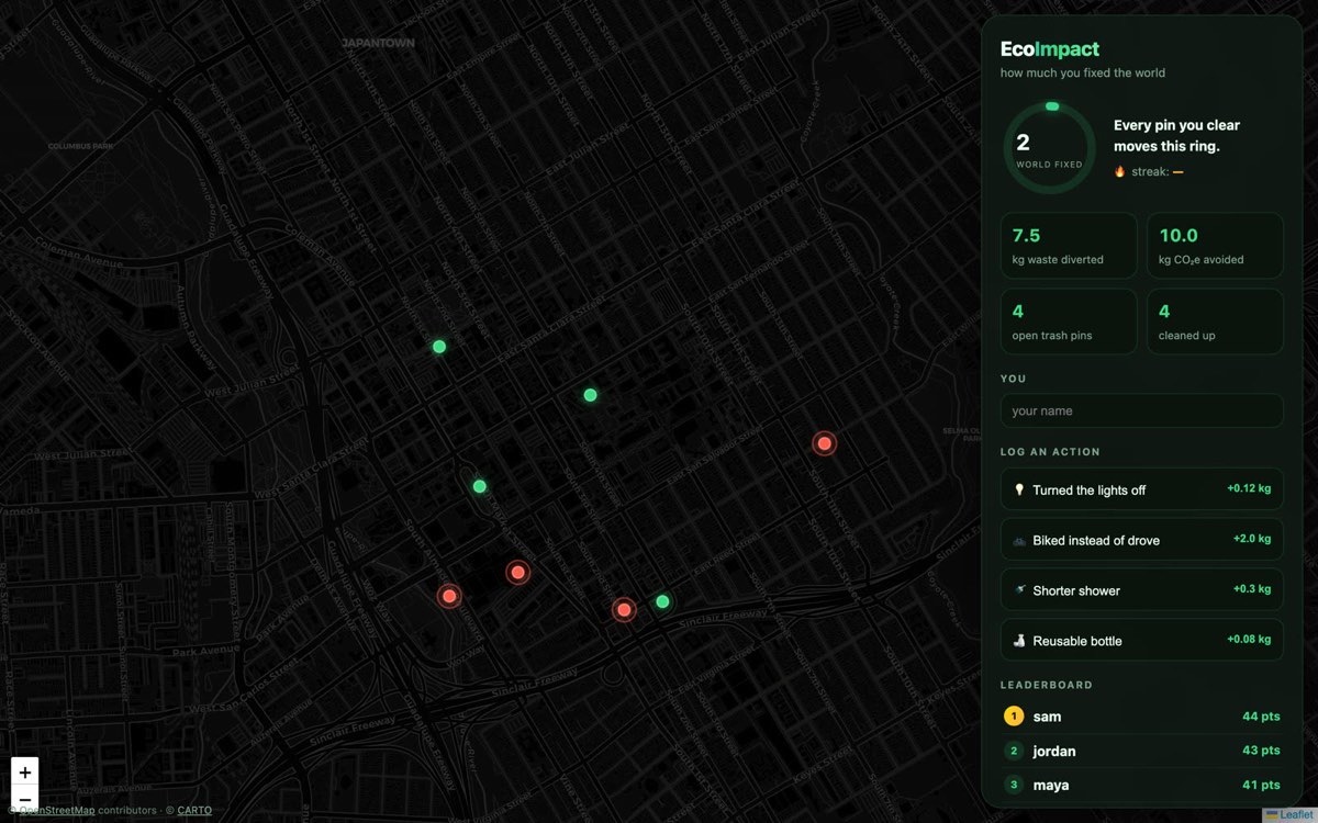 EcoImpact app — dark San Jose trash map with cleanup pins, impact meter, and community leaderboard