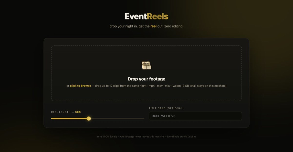 EventReels web studio — drag-and-drop footage uploader with reel length slider and title card field
