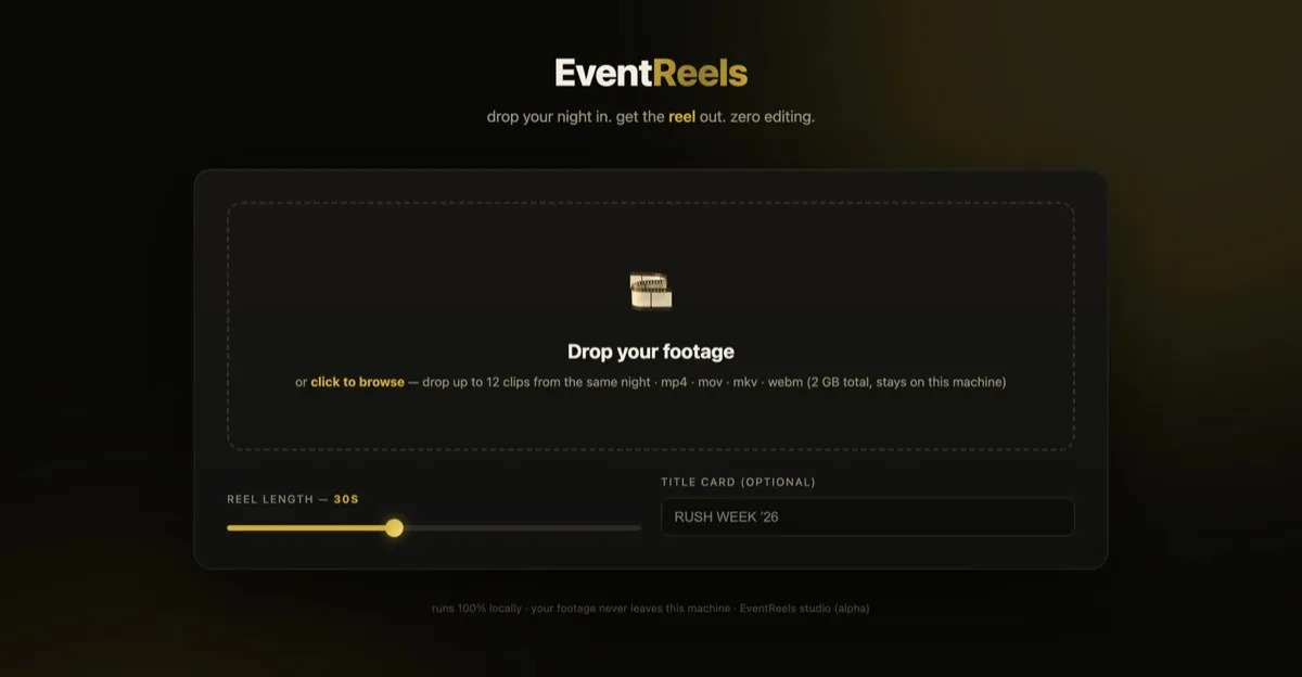 EventReels studio interface — drag-and-drop footage uploader with reel-length slider and title card field