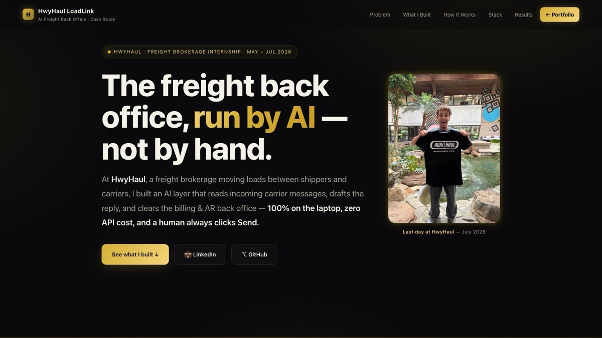HwyHaul LoadLink case study — 'The freight back office, run by AI' hero with Yusuf holding a HwyHaul shirt