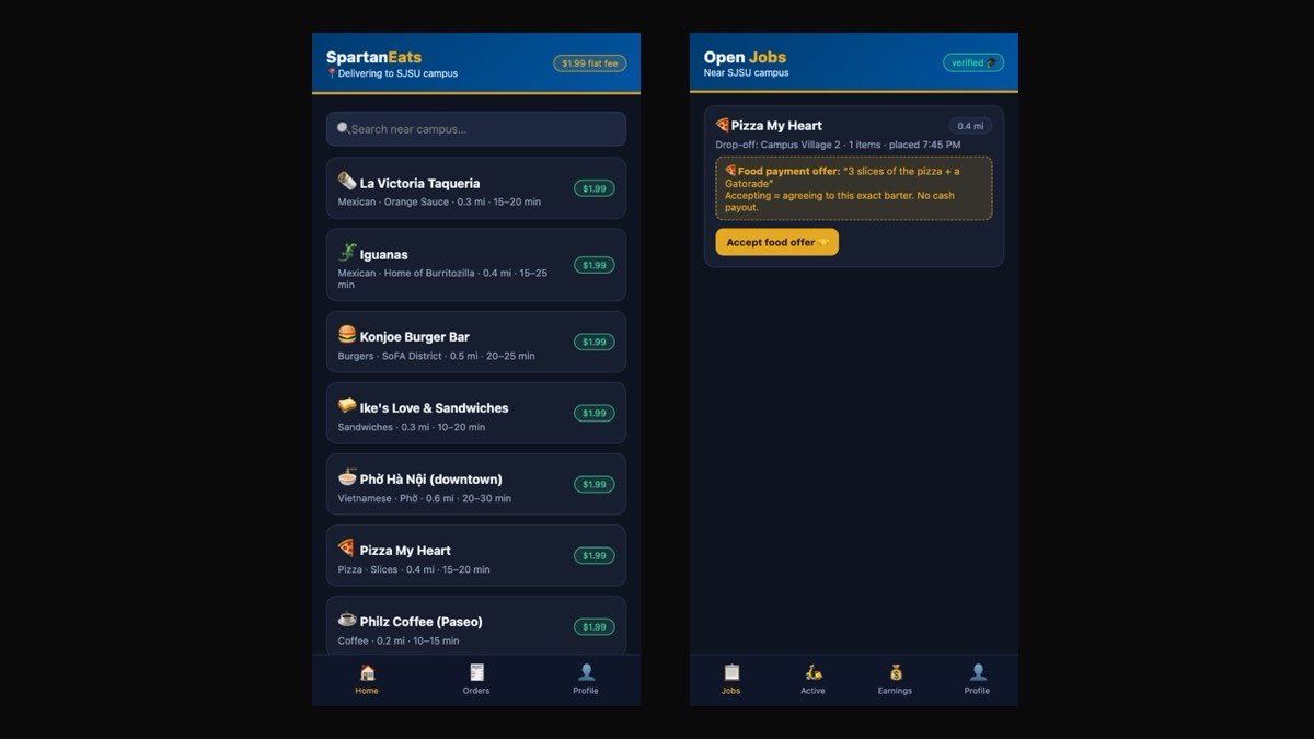 SpartanEats app — $1.99 flat-fee campus food delivery home screen and student courier jobs board, side by side