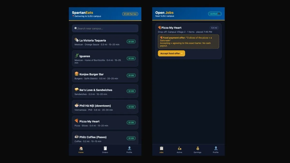 SpartanEats app — $1.99 flat-fee campus food delivery home screen and student courier jobs board, side by side