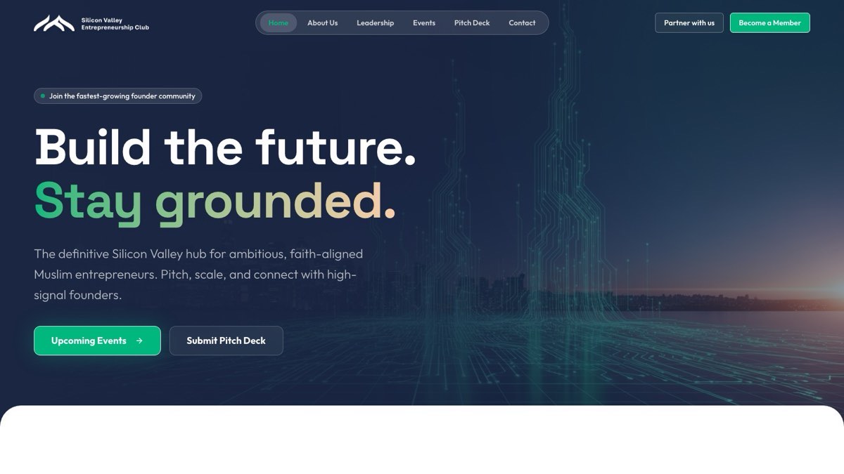 sventclub.org homepage — 'Build the future. Stay grounded.' hero for the Silicon Valley Entrepreneurship Club