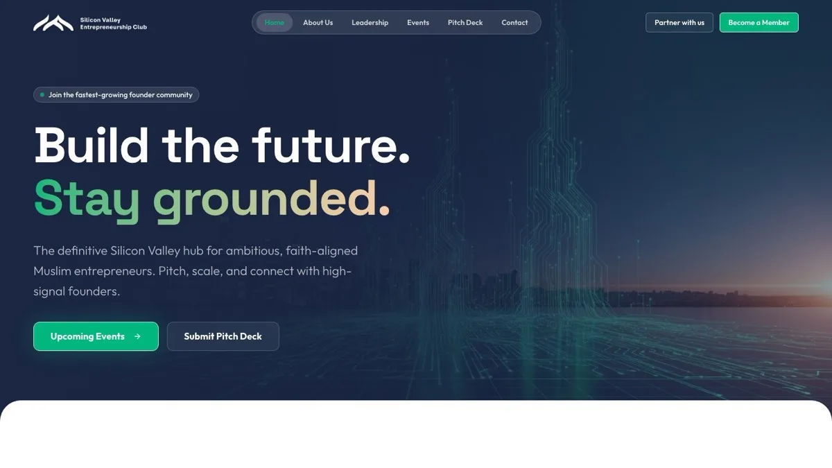 sventclub.org homepage — 'Build the future. Stay grounded.' hero for the Silicon Valley Entrepreneurship Club
